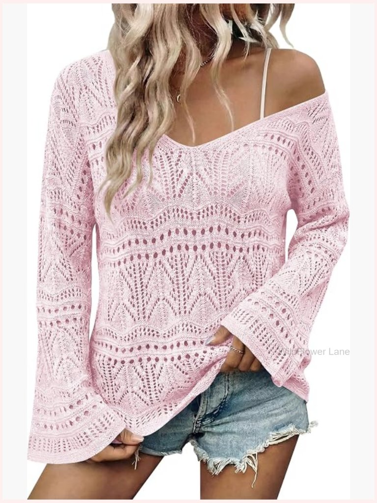 Crochet Off Shoulder Sweater Boho V Neck Bell Sleeve Lightweight Summer Beach